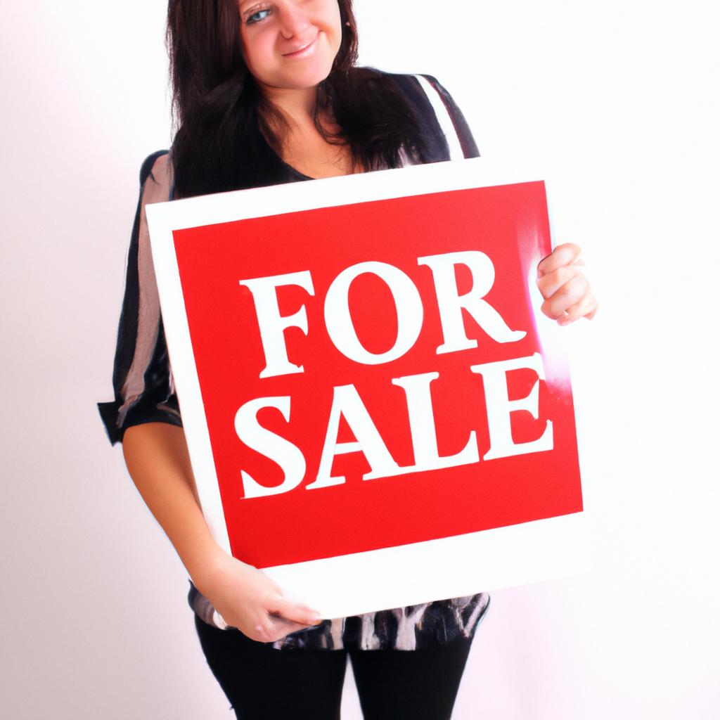 Woman holding For Sale sign